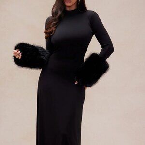 Amber Fur Cuff Backless Maxi Dress - Black